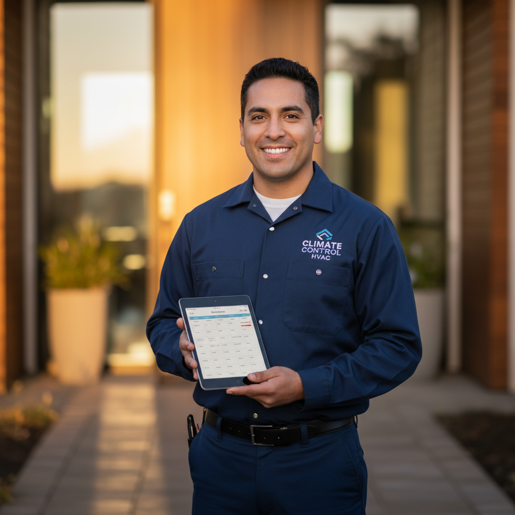 Tecnico profesional de servicios del hogar con tablet mostrando dashboard de ComercialFlow IA